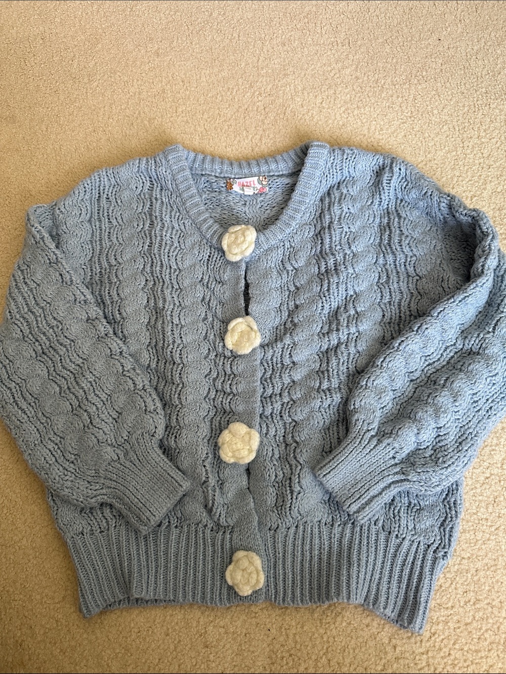 Girls' Light Blue Knit Cardigan with Cream Flower Buttons
